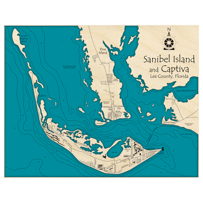 Bathymetric topo map of Sanibel Island and Captiva Island, FL with roads, towns and depths noted in blue water.