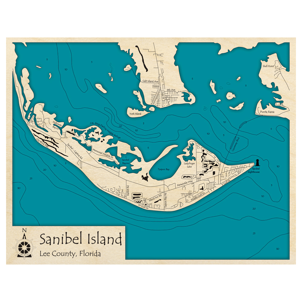 Bathymetric topo map of Sanibel Island, FL with roads, towns and depths noted in blue water.