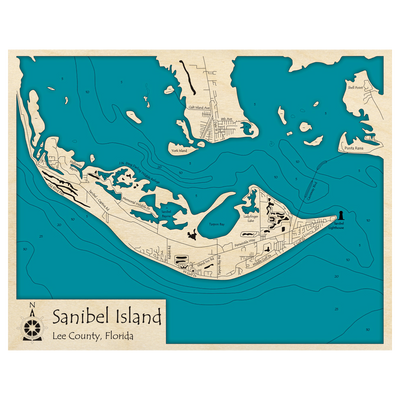 Bathymetric topo map of Sanibel Island, FL with roads, towns and depths noted in blue water.