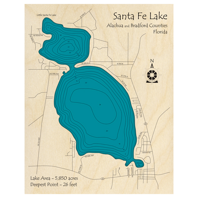 Bathymetric topo map of Santa Fe Lake, FL with roads, towns and depths noted in blue water.