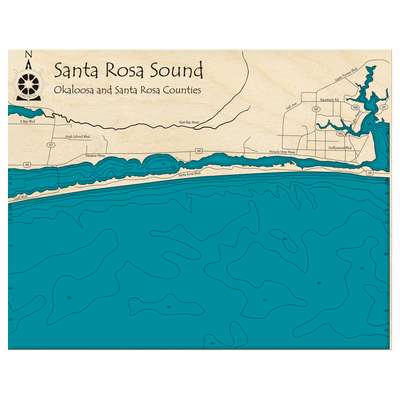 Bathymetric topo map of Santa Rosa Sound, FL with roads, towns and depths noted in blue water.
