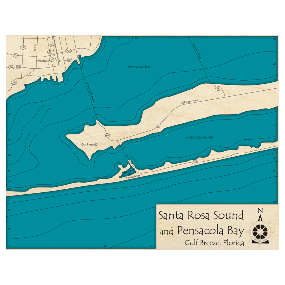 Bathymetric topo map of Santa Rosa Sound, Pensacola Bay, FL with roads, towns and depths noted in blue water.