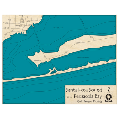 Bathymetric topo map of Santa Rosa Sound, Pensacola Bay, FL with roads, towns and depths noted in blue water.