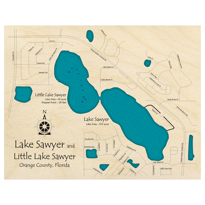 Bathymetric topo map of Lake Sawyer and Little Sawyer, FL with roads, towns and depths noted in blue water.