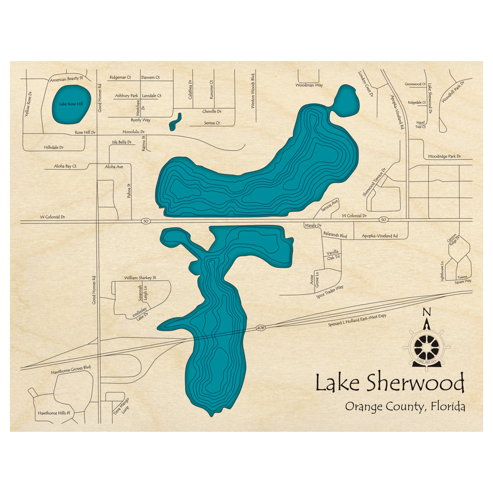 Bathymetric topo map of Lake Sherwood, FL with roads, towns and depths noted in blue water.