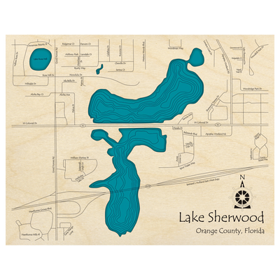 Bathymetric topo map of Lake Sherwood, FL with roads, towns and depths noted in blue water.