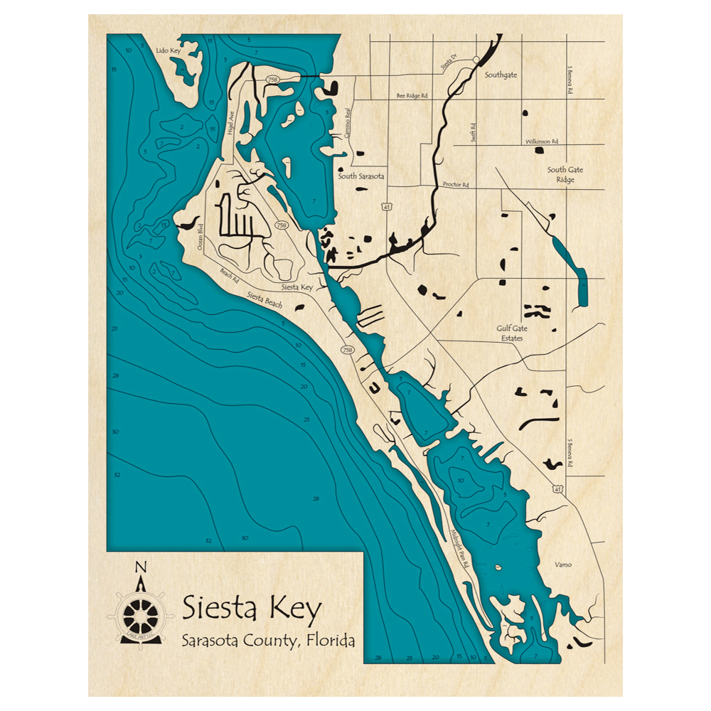 Bathymetric topo map of Siesta Key, FL with roads, towns and depths noted in blue water.