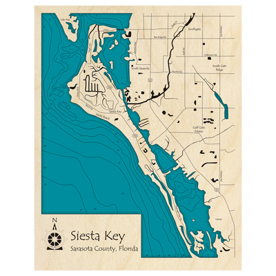 Bathymetric topo map of Siesta Key, FL with roads, towns and depths noted in blue water.