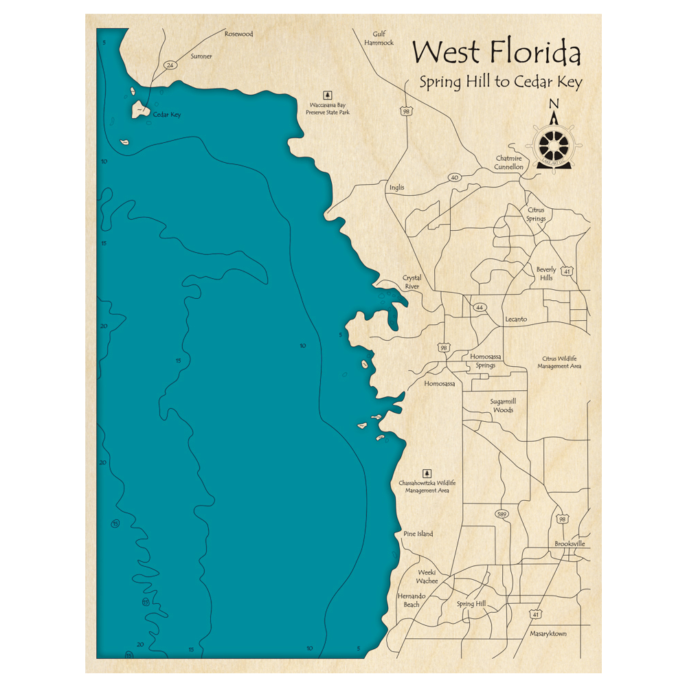 Bathymetric topo map of West Florida, FL with roads, towns and depths noted in blue water.