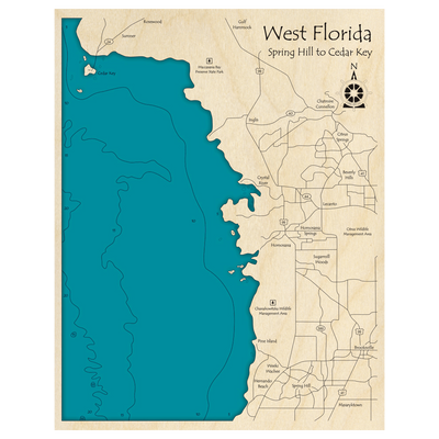Bathymetric topo map of West Florida, FL with roads, towns and depths noted in blue water.