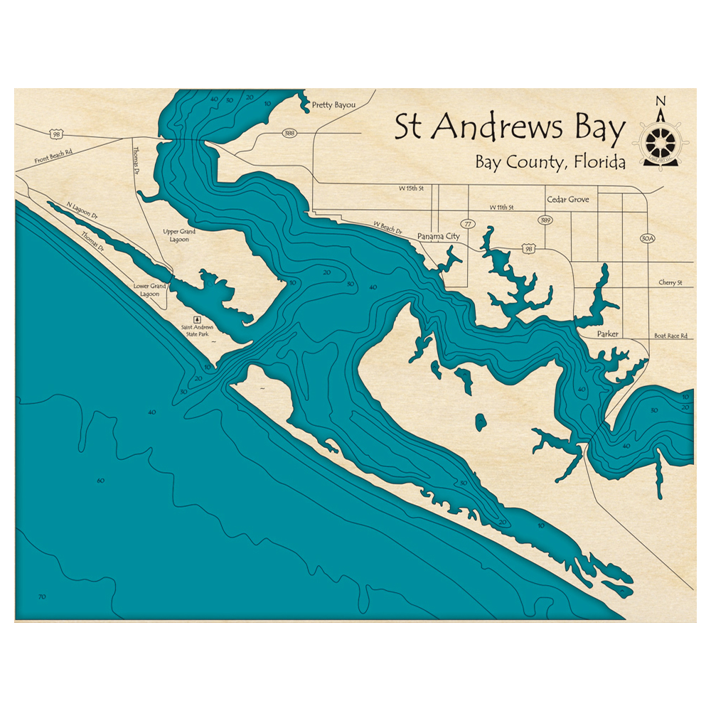 Bathymetric topo map of Saint Andrews Bay, FL with roads, towns and depths noted in blue water.