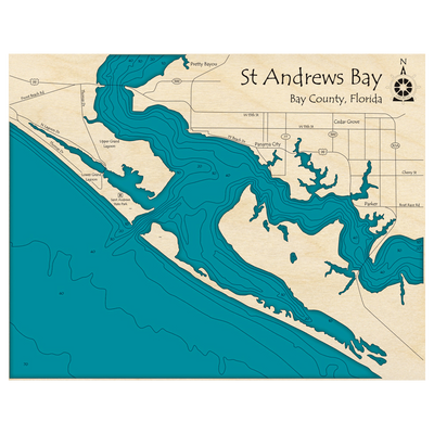 Bathymetric topo map of Saint Andrews Bay, FL with roads, towns and depths noted in blue water.
