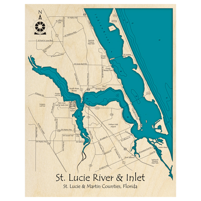 Bathymetric topo map of Saint Lucie River and Inlet, FL with roads, towns and depths noted in blue water.