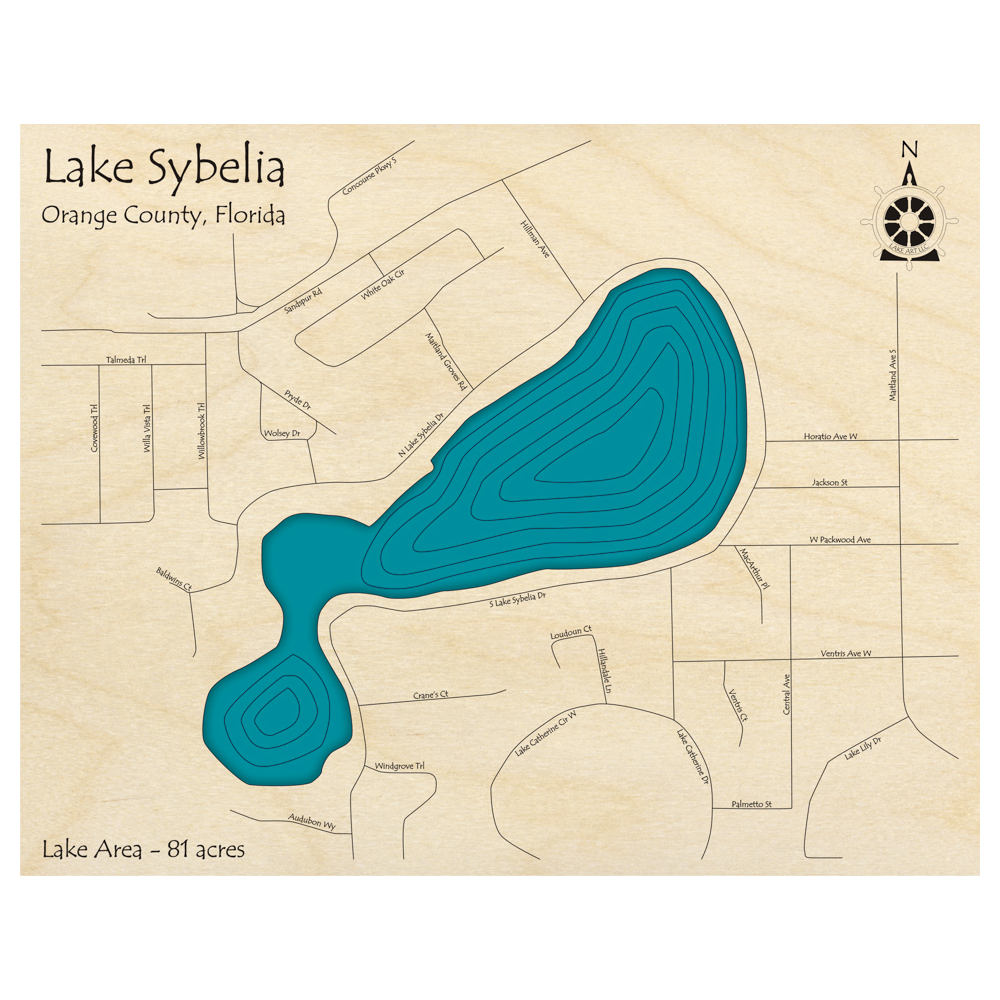 Bathymetric topo map of Lake Sybelia, FL with roads, towns and depths noted in blue water.