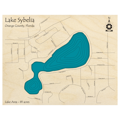 Bathymetric topo map of Lake Sybelia, FL with roads, towns and depths noted in blue water.