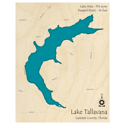 Bathymetric topo map of Lake Tallavana, FL with roads, towns and depths noted in blue water.