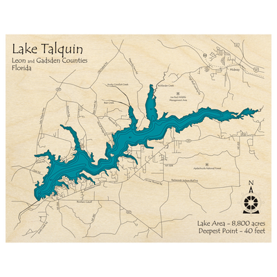 Bathymetric topo map of Lake Talquin, FL with roads, towns and depths noted in blue water.