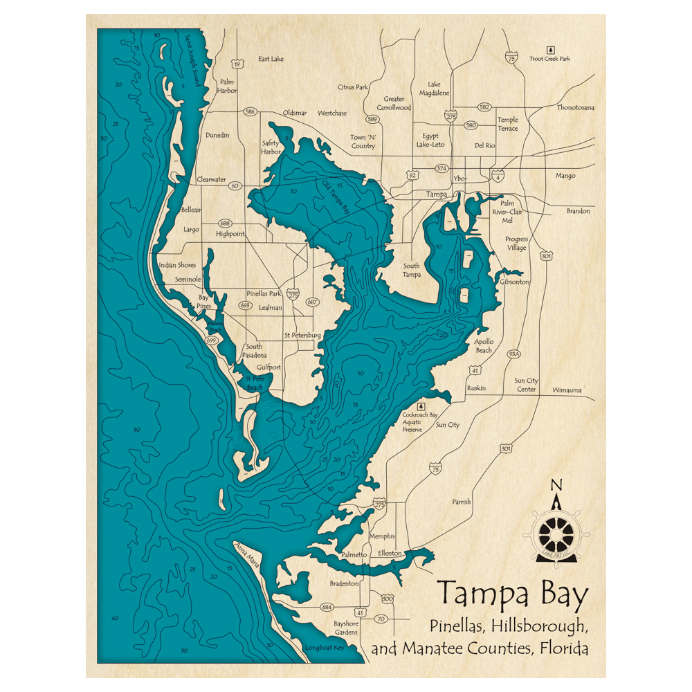 Bathymetric topo map of Tampa Bay and Old Tampa Bay, FL with roads, towns and depths noted in blue water.
