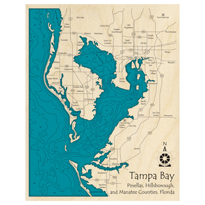Bathymetric topo map of Tampa Bay and Old Tampa Bay, FL with roads, towns and depths noted in blue water.