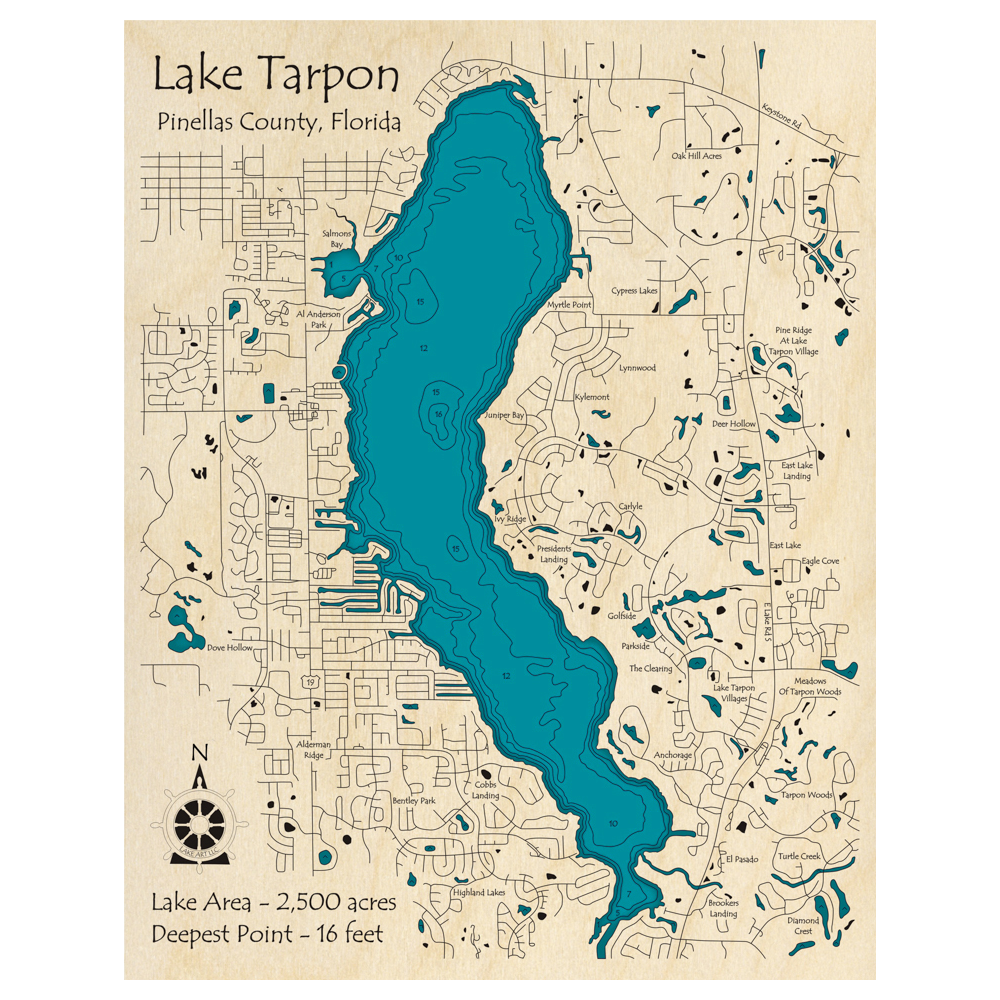 Bathymetric topo map of Lake Tarpon, FL with roads, towns and depths noted in blue water.