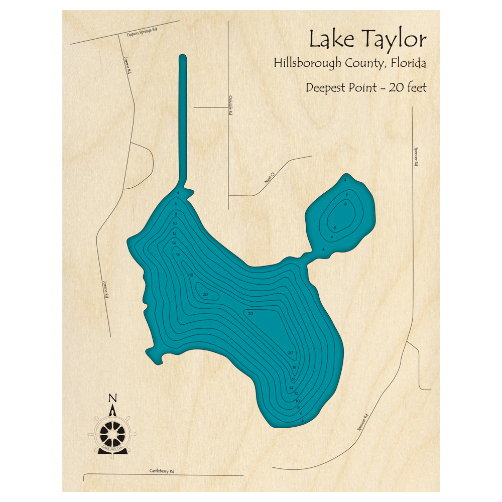 Bathymetric topo map of Lake Taylor, FL with roads, towns and depths noted in blue water.