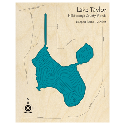 Bathymetric topo map of Lake Taylor, FL with roads, towns and depths noted in blue water.