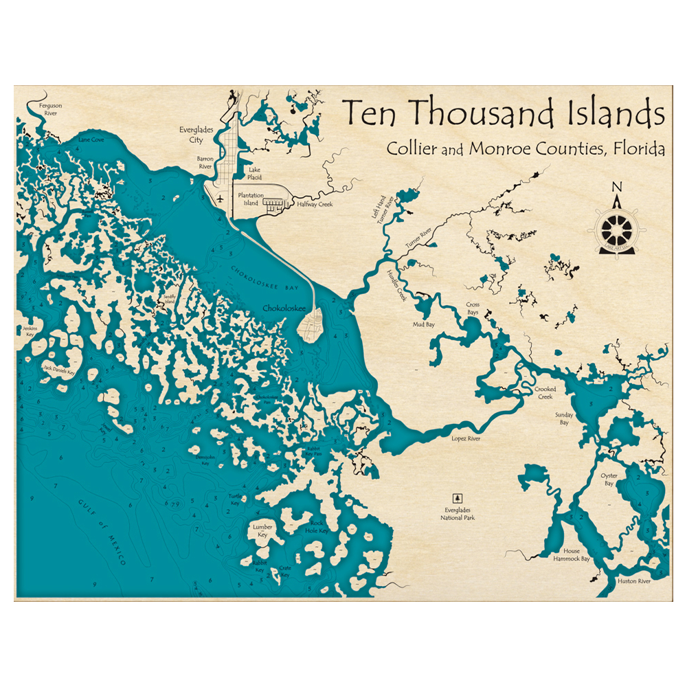 Bathymetric topo map of Ten Thousand Islands, FL with roads, towns and depths noted in blue water.