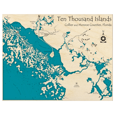 Bathymetric topo map of Ten Thousand Islands, FL with roads, towns and depths noted in blue water.