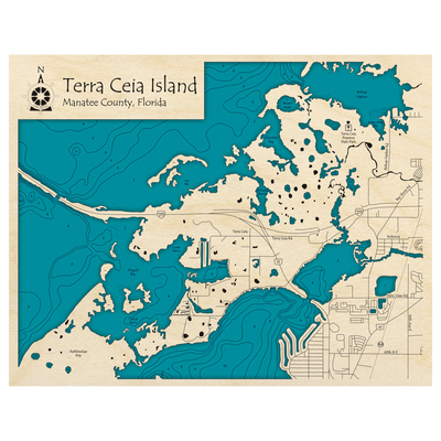 Bathymetric topo map of Terra Ceia Island, FL with roads, towns and depths noted in blue water.