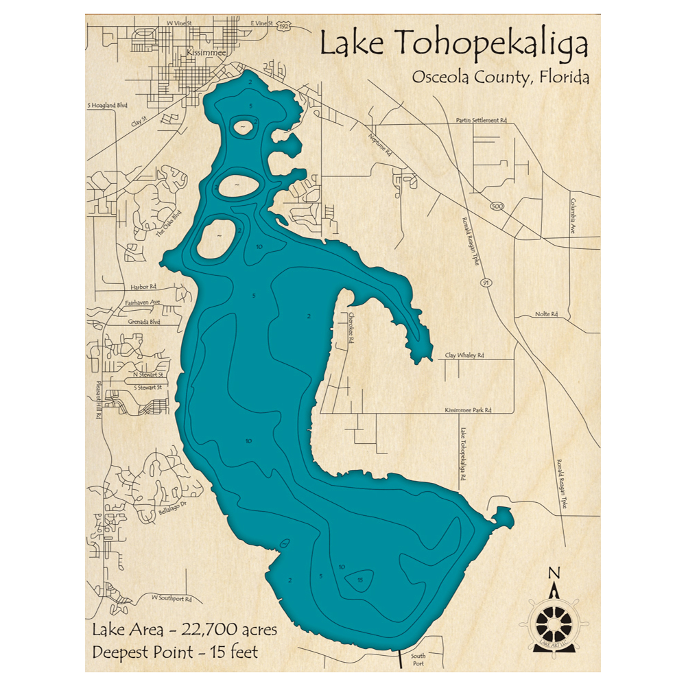 Bathymetric topo map of Lake Tohopekaliga, FL with roads, towns and depths noted in blue water.