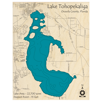 Bathymetric topo map of Lake Tohopekaliga, FL with roads, towns and depths noted in blue water.