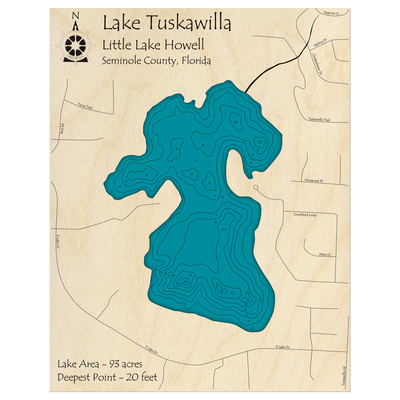 Bathymetric topo map of Lake Tuskawilla, FL with roads, towns and depths noted in blue water.
