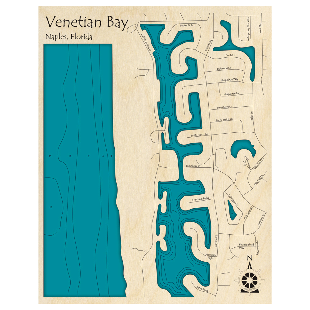 Bathymetric topo map of Venetian Bay, FL with roads, towns and depths noted in blue water.
