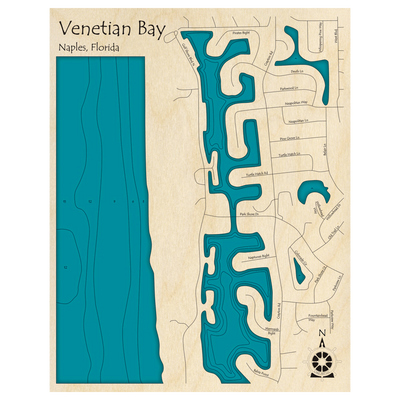 Bathymetric topo map of Venetian Bay, FL with roads, towns and depths noted in blue water.