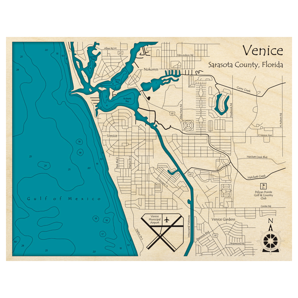 Bathymetric topo map of Venice, FL with roads, towns and depths noted in blue water.