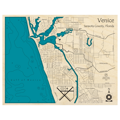 Bathymetric topo map of Venice, FL with roads, towns and depths noted in blue water.
