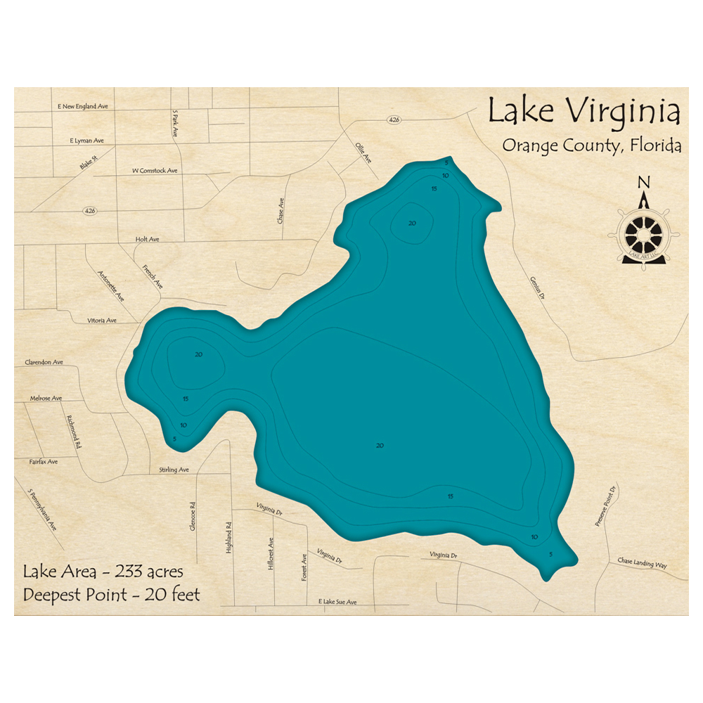 Bathymetric topo map of Lake Virginia, FL with roads, towns and depths noted in blue water.