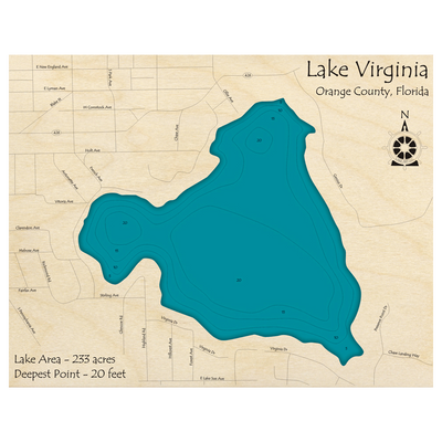 Bathymetric topo map of Lake Virginia, FL with roads, towns and depths noted in blue water.