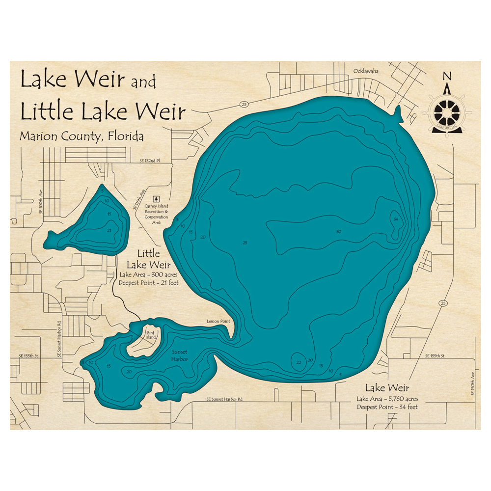 Bathymetric topo map of Lake Weir, FL with roads, towns and depths noted in blue water.