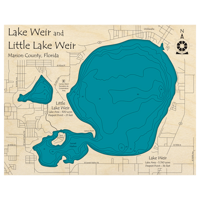 Bathymetric topo map of Lake Weir, FL with roads, towns and depths noted in blue water.