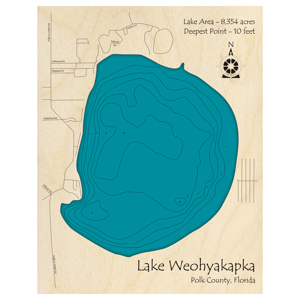 Bathymetric topo map of Lake Weohyakapka, FL with roads, towns and depths noted in blue water.