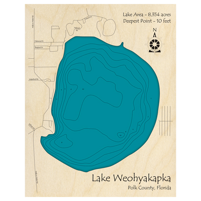 Bathymetric topo map of Lake Weohyakapka, FL with roads, towns and depths noted in blue water.