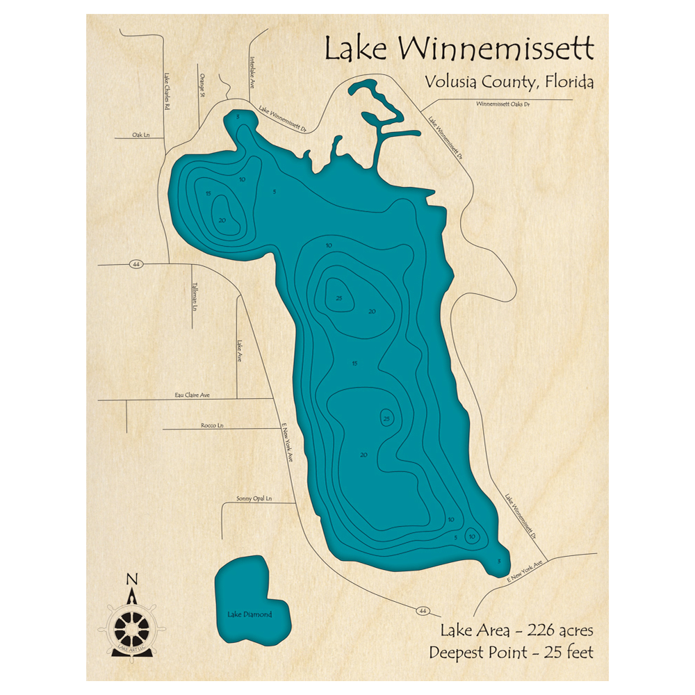 Bathymetric topo map of Lake Winnemissett, FL with roads, towns and depths noted in blue water.