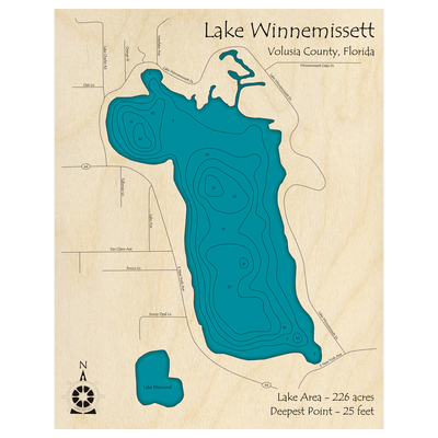 Bathymetric topo map of Lake Winnemissett, FL with roads, towns and depths noted in blue water.