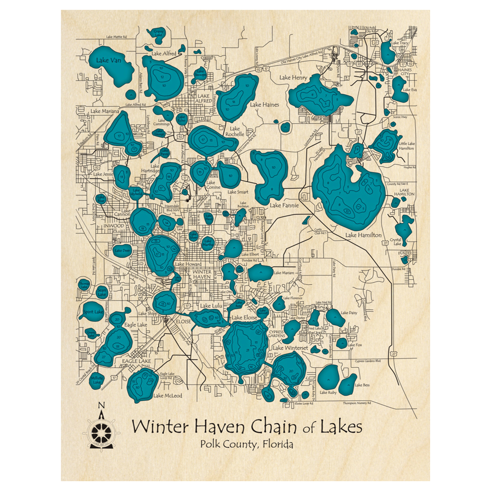 Bathymetric topo map of Winter Haven Chain of Lakes, FL with roads, towns and depths noted in blue water.