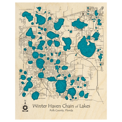 Bathymetric topo map of Winter Haven Chain of Lakes, FL with roads, towns and depths noted in blue water.