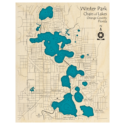 Bathymetric topo map of Winter Park Chain of Lakes, FL with roads, towns and depths noted in blue water.