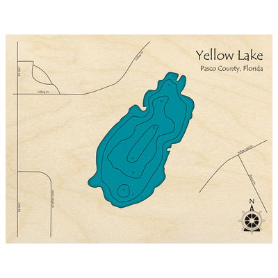 Bathymetric topo map of Yellow Lake, FL with roads, towns and depths noted in blue water.