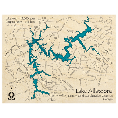 Bathymetric topo map of Lake Allatoona, GA with roads, towns and depths noted in blue water.