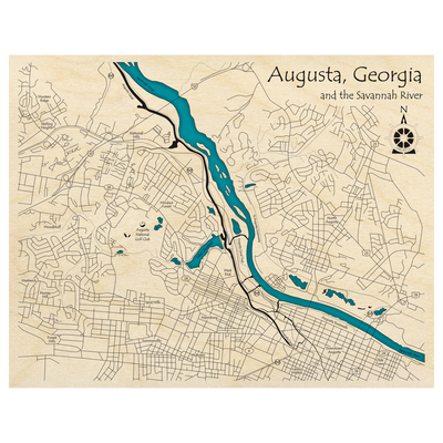 Bathymetric topo map of Downtown Augusta, GA with roads, towns and depths noted in blue water.